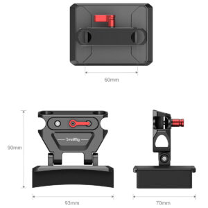 SmallRig-3183-3 SmallRig 3183 Kevyt rintatyyny sauvakiinnikkeellä, kuvassa mustana ja punaisena kolmesta kulmasta: 60 mm leveä (ylhäältä), 93 mm leveä ja 90 mm korkea (edestä) ja 70 mm syvä (sivulta). "SmallRig"-brändinimi näkyvissä etupuolella.
