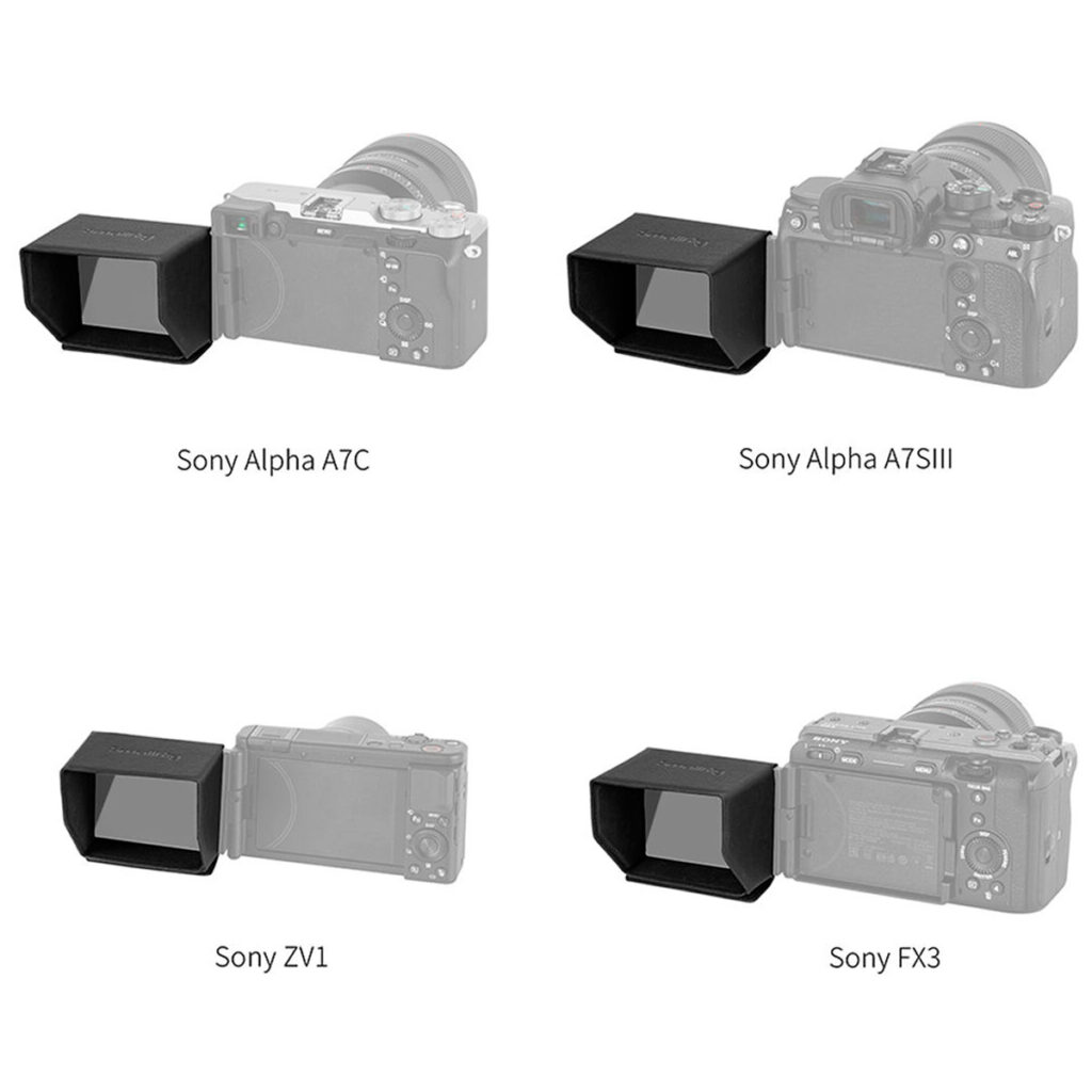 SmallRig-3206-5 Neljässä harmaasävykuvassa on Sony A7C-, A7SIII-, ZV1- ja FX3-kamerat, joissa jokaisessa on SmallRig 3206 -aurinkosuoja valkoisella pohjalla.