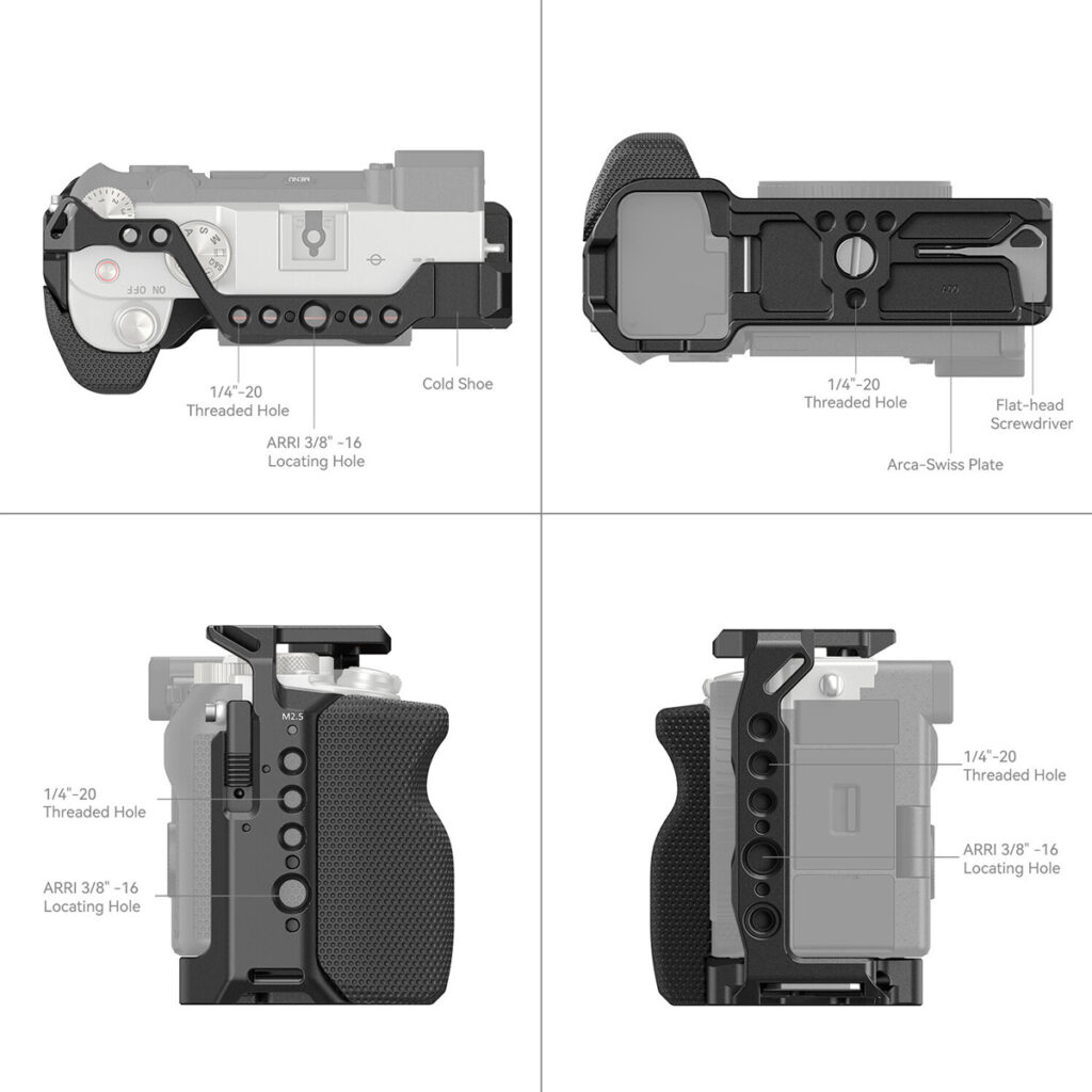 SmallRig-3212-3 Neljä teknistä kuvaa esittelee SmallRig 3212 Cage with Side Handle for Sony A7C -mallin etu-, taka-, ylä- ja alareunanäkymät, joissa on merkitty kiinnityskohdat, ruuvinreiät, tarvikeaukot ja ARRI/Arca-Swiss-levyjen yhteensopivuus.