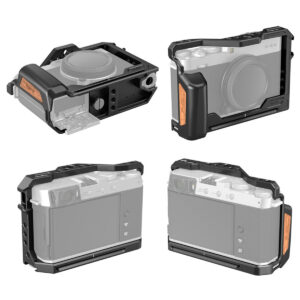 SmallRig-3230-3 Neljä kuvakulmaa SmallRig 3230 Cage for Fujifilm X-E4:lle, musta häkki oransseilla korostuksilla, joka sopii kameran runkoon ja tarjoaa otteen ja suojan samalla kun kaikki portit ja säätimet ovat käytettävissä.