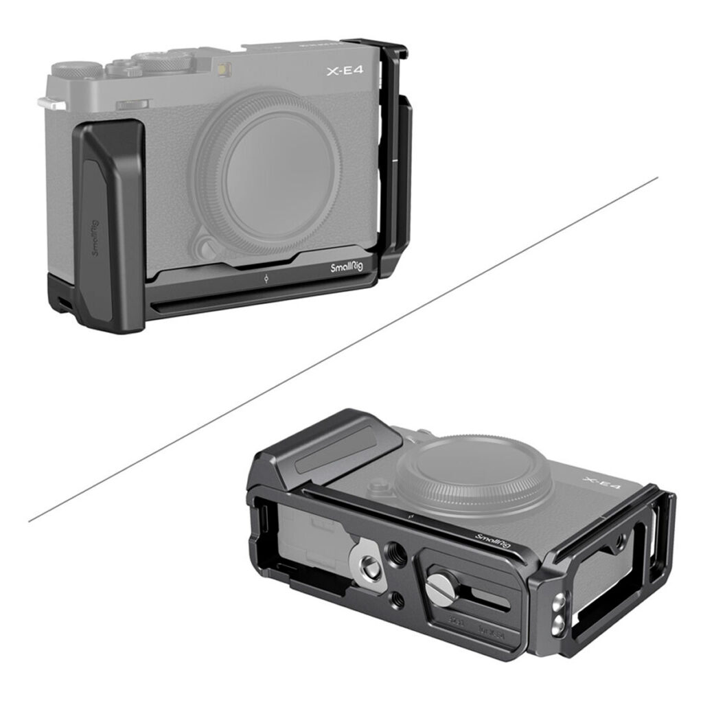 SmallRig-3231-3 SmallRig 3231 L-kiinnike Fujifilm X-E4:lle näkyy kahdessa kuvakulmassa kiinnitettynä kameraan ja yksinään, jolloin sen musta metallirakenne, suojaava muotoilu ja monipuoliset kiinnitysominaisuudet korostuvat.
