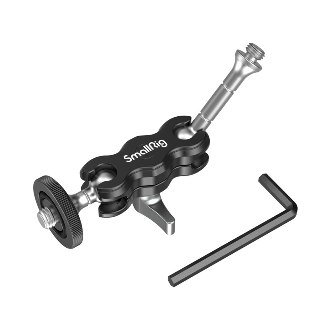 SmallRig-3238-4 SmallRig 3238 Mini Magic Arm with Universal Ballhead -kuulapäässä on säädettävä metallivarsi, nuppi, ruuvi toisessa päässä, kiristysvipu ja mukana toimitetaan kuusiokoloavain, kuvassa valkoisella pohjalla.