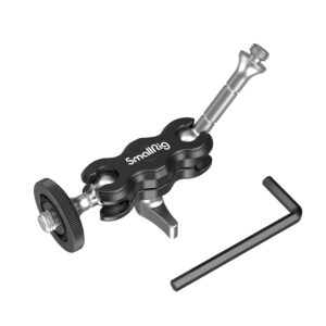 SmallRig-3238-4 SmallRig 3238 Mini Magic Arm with Universal Ballhead -kuulapäässä on säädettävä metallivarsi, nuppi, ruuvi toisessa päässä, kiristysvipu ja mukana toimitetaan kuusiokoloavain, kuvassa valkoisella pohjalla.
