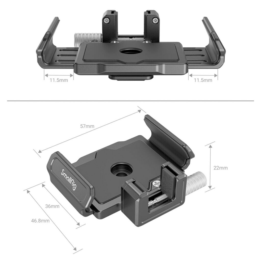 SmallRig-3272-4 Kaksi näkymää SmallRig 3272 T5/T7 SSD Mount for BMPCC 6K Pro -kiinnikkeestä, joissa näkyvät merkityt mitat: ylhäältä katsottuna leveys on 57 mm 11,5 mm:n säädettävillä sivukiinnikkeillä; sivulta katsottuna mitat ovat 36 mm, 46,8 mm ja 22 mm ruuvinupin kanssa.
