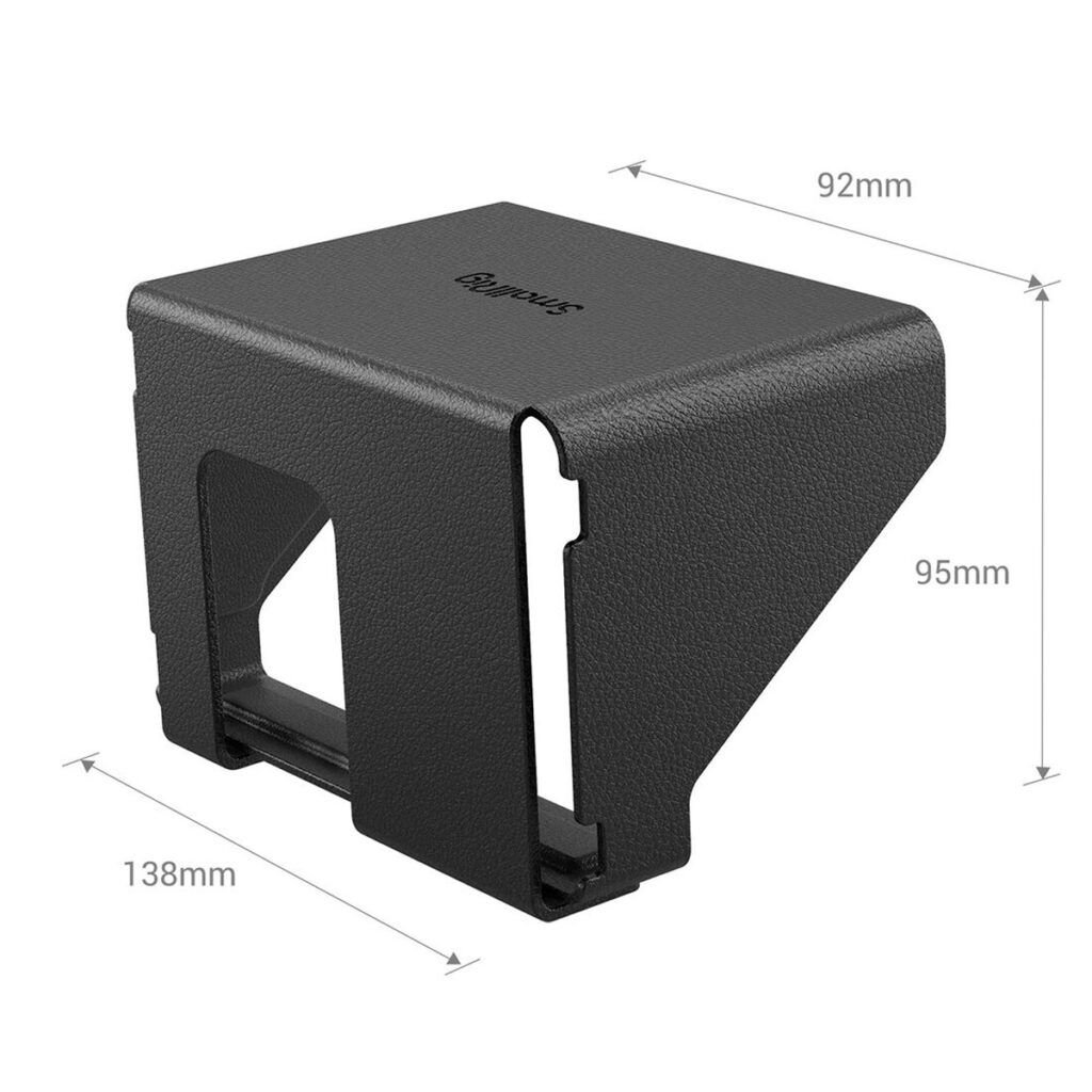 SmallRig-3273-3 SmallRig 3273 Sunhood for BMPCC 6K PRO / 6K G2 on musta, suorakulmainen lisävaruste, jossa on kuvioitu pinta, sivuaukko, Baseus-tarra ja mitat 92 mm leveys, 95 mm korkeus ja 138 mm syvyys.