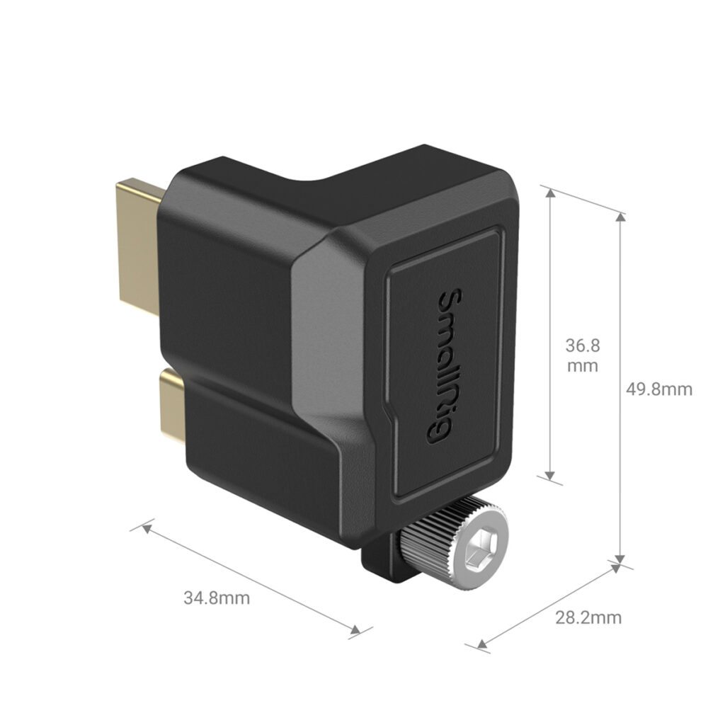SmallRig-3289-4 SmallRig 3289 HDMI/USB-C Right Angle Adapter for BMPCC 6K Pro, kuvassa mustana ja kullatuilla liittimillä, on 49,8 mm korkea, 36,8 mm leveä ja 34,8 mm syvä, ja sen pohjan leveys on 28,2 mm.