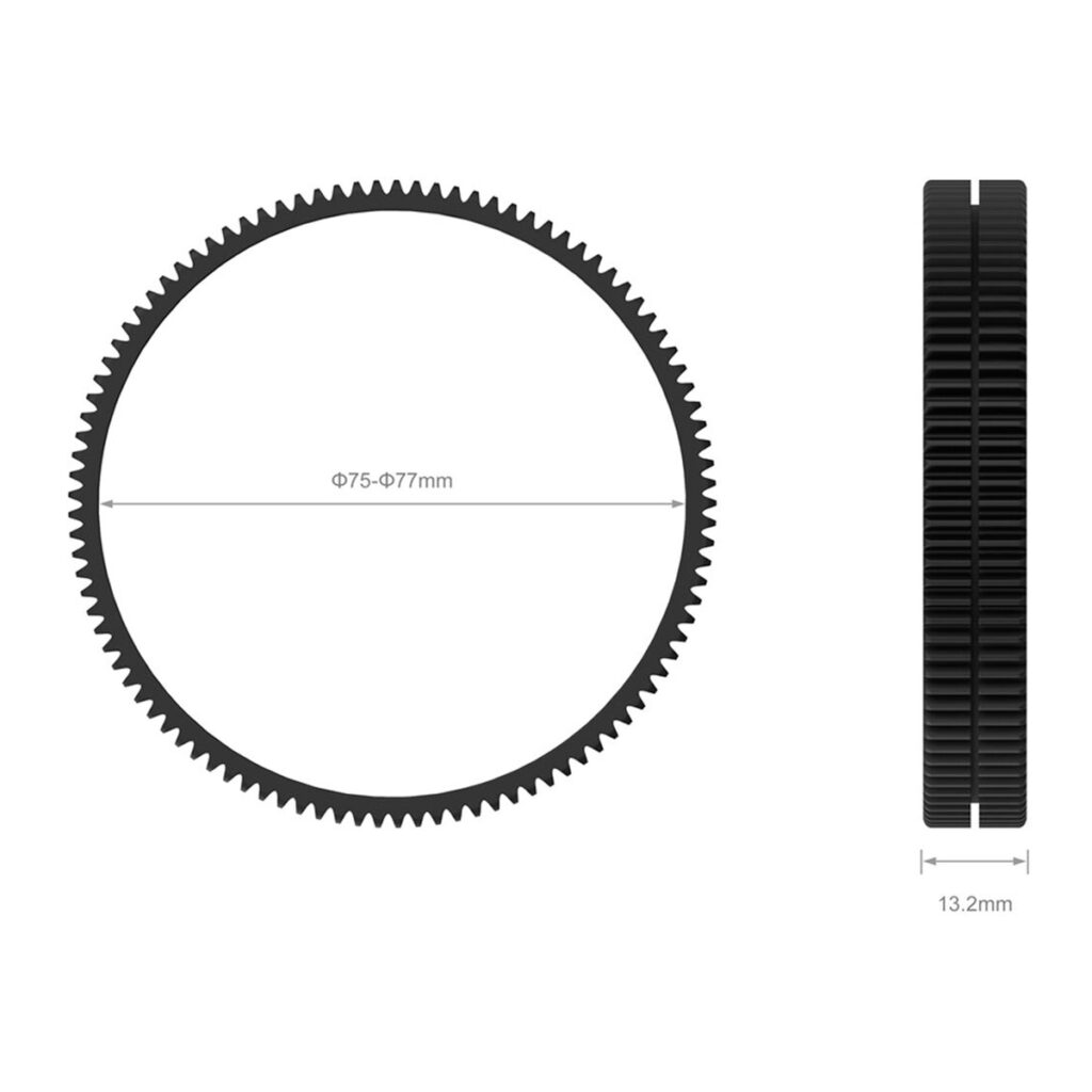 SmallRig-3294-2 SmallRig 3294 Focus Gear Ring Seamless 75-77mm, kuvassa edestä ja sivulta, on tasaisin välein olevat hampaat, halkaisija 75-77mm ja paksuus 13,2mm.
