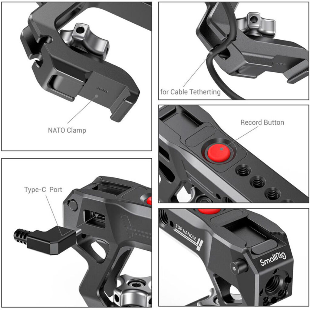 SmallRig-3322-3 Kollaasi lähikuvista, joissa näkyy SmallRig 3322 NATO Top Handle with Start/Stop Remote Trigger -laukaisimella varustetun SmallRig 3322 NATO Top Handle -laitteen ominaisuudet, mukaan lukien NATO-kiinnike, kaapelin kiinnityspaikka, tallennuspainike, Type-C-portti ja SmallRig-brändi.