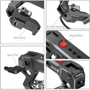 SmallRig-3322-3 Kollaasi lähikuvista, joissa näkyy SmallRig 3322 NATO Top Handle with Start/Stop Remote Trigger -laukaisimella varustetun SmallRig 3322 NATO Top Handle -laitteen ominaisuudet, mukaan lukien NATO-kiinnike, kaapelin kiinnityspaikka, tallennuspainike, Type-C-portti ja SmallRig-brändi.