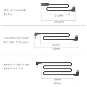SmallRig-3322-6 Kaavio kolmesta SmallRig 3322 NATO Top Handle with Start/Stop Remote Trigger Type-C -kaapelista kameroille, jotka on merkitty Sony-, Fujifilm- ja Panasonic- sekä BGH1- ja Z CAM-kameroille, sekä kokonaispituus- ja suorat pituusmitat.