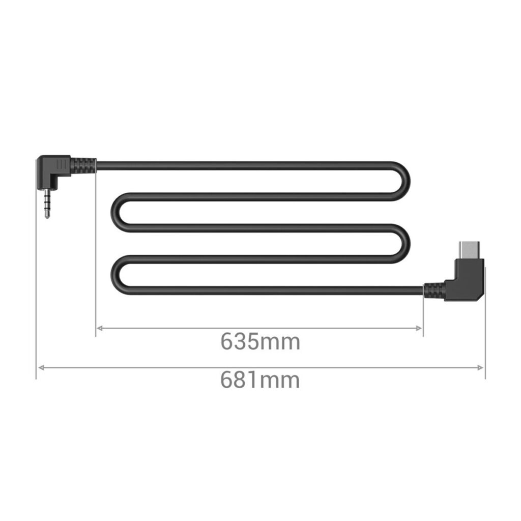 SmallRig-3325-2 Kaaviossa SmallRig 3325 Remote Camera Control Cable for Panasonic BGH1 & Z CAM -kaapelista näkyvät sen mustat, suorakulmaiset liittimet, pituus (635 mm) ja kokonaispituus (681 mm) nuolilla merkittyinä.