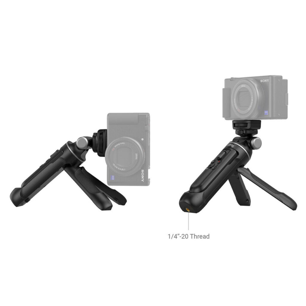 SmallRig-3326-4 Kaksi näkymää SmallRig 3326 SR-RG1 Wireless Shooting Gripistä, musta: toisessa on asennettu kompaktikamera ja jalat on ojennettu, toisessa näkyy 1/4-20-kierre pohjassa.