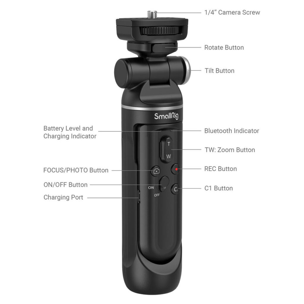 SmallRig-3326-5 SmallRig 3326 SR-RG1 Wireless Shooting Gripin merkityssä kaaviossa näkyvät osat, kuten 1/4 tuuman kameraruuvi, pyöritys- ja kallistuspainikkeet, Bluetooth-ilmaisin, zoomaus, tallennus, C1, tarkennus/kuvaus, on/off-painikkeet, latausliitäntä ja akun ilmaisin.