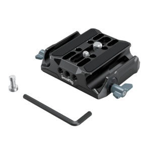 SmallRig-3357 SmallRig 3357 Universal LWS Baseplate with Dual 15mm Rod Clamp, pictured with white background, includes mounting holes, adjustment knobs, screw and L-shaped hex wrench.