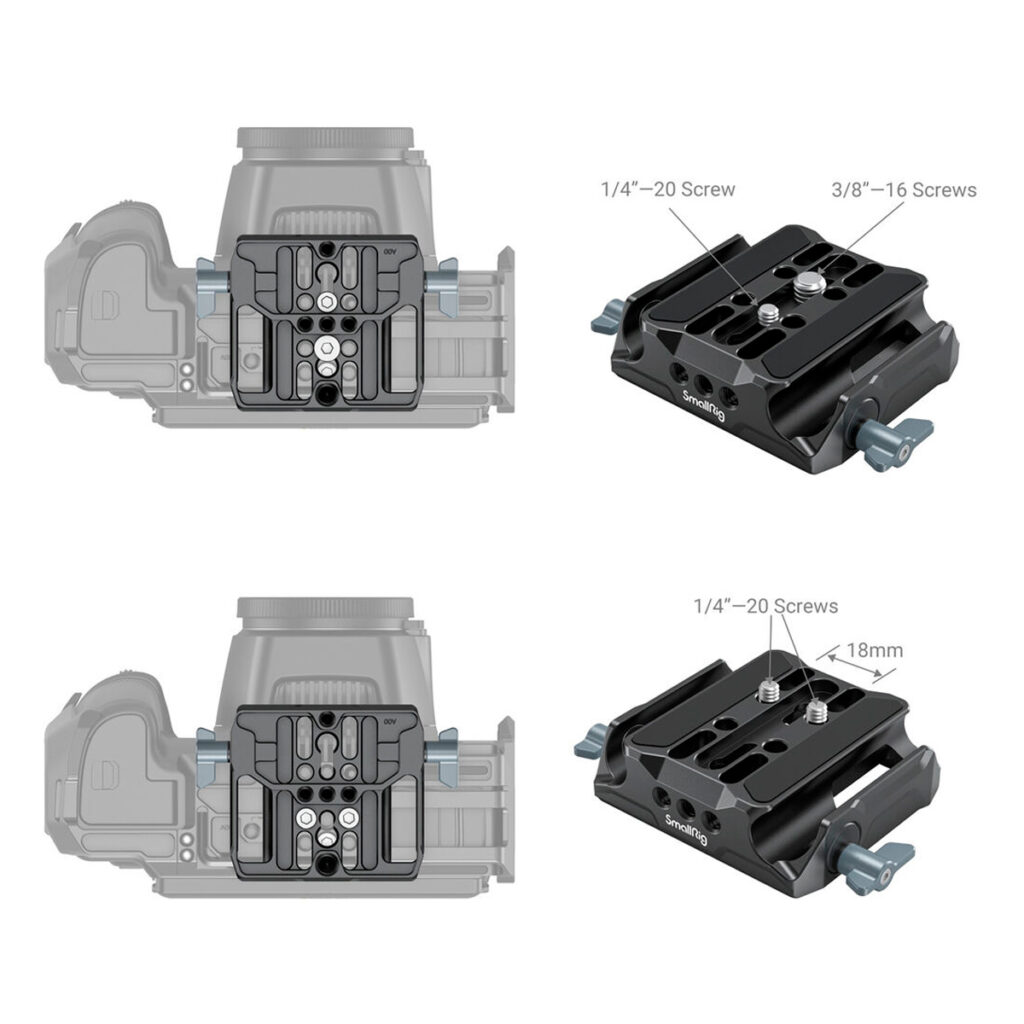 SmallRig-3357-4 Kaavio, jossa SmallRig 3357 Universal LWS Baseplate with Dual 15mm Rod Clamp on kiinnitetty kameraan kahdesta näkökulmasta. Suurennetut näkymät korostavat ruuvien kokoja: Sivusäätönupit näkyvissä.