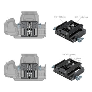 SmallRig-3357-4 Kaavio, jossa SmallRig 3357 Universal LWS Baseplate with Dual 15mm Rod Clamp on kiinnitetty kameraan kahdesta näkökulmasta. Suurennetut näkymät korostavat ruuvien kokoja: Sivusäätönupit näkyvissä.