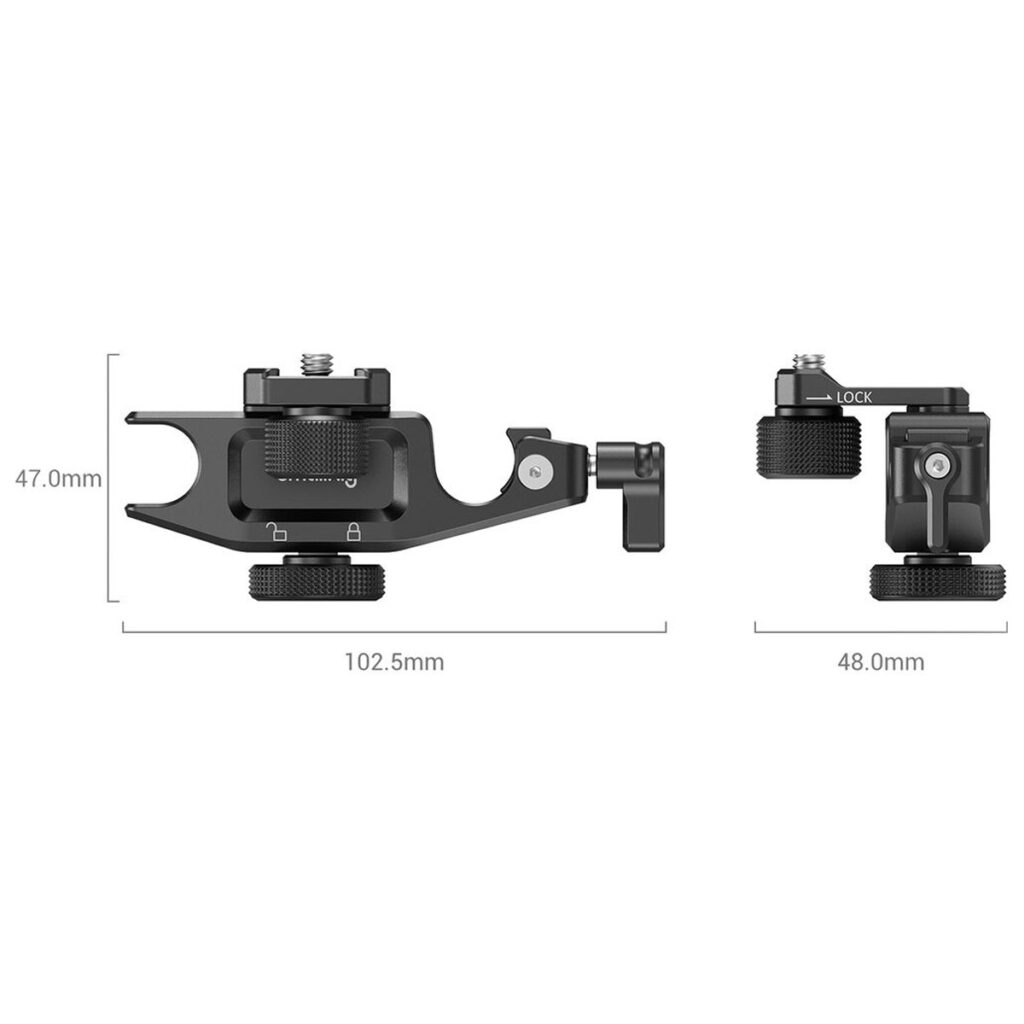 SmallRig-3411-3 SmallRig 3411 15mm Rod Support for Matte Box 2660 mustan SmallRig 3411 15mm Rod Support for Matte Box 2660 -laitteen sivu- ja ylänäkymät sekä mitat: 47,0 mm korkeus, 102,5 mm pituus ja 48,0 mm leveys. Ominaisuuksiin kuuluvat säädettävät nupit ja lukitusvipu.
