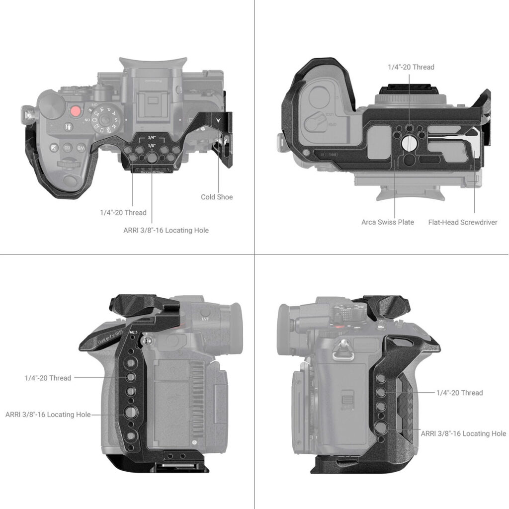 SmallRig-3440-3 Neliruutuinen kaavio näyttää SmallRig 3440 Black Mamba Cage for Panasonic Lumix GH6 -kameraan kiinnitetyn SmallRig 3440 Black Mamba Cage for Panasonic Lumix GH6 -kameran ja korostaa ominaisuuksia, kuten kylmäkenkää, useita kierteitä, paikannusreikiä, Arca Swiss -levyä ja litteäpäätyistä ruuvimeisseliä.