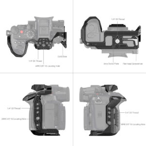 SmallRig-3440-3 Neliruutuinen kaavio näyttää SmallRig 3440 Black Mamba Cage for Panasonic Lumix GH6 -kameraan kiinnitetyn SmallRig 3440 Black Mamba Cage for Panasonic Lumix GH6 -kameran ja korostaa ominaisuuksia, kuten kylmäkenkää, useita kierteitä, paikannusreikiä, Arca Swiss -levyä ja litteäpäätyistä ruuvimeisseliä.