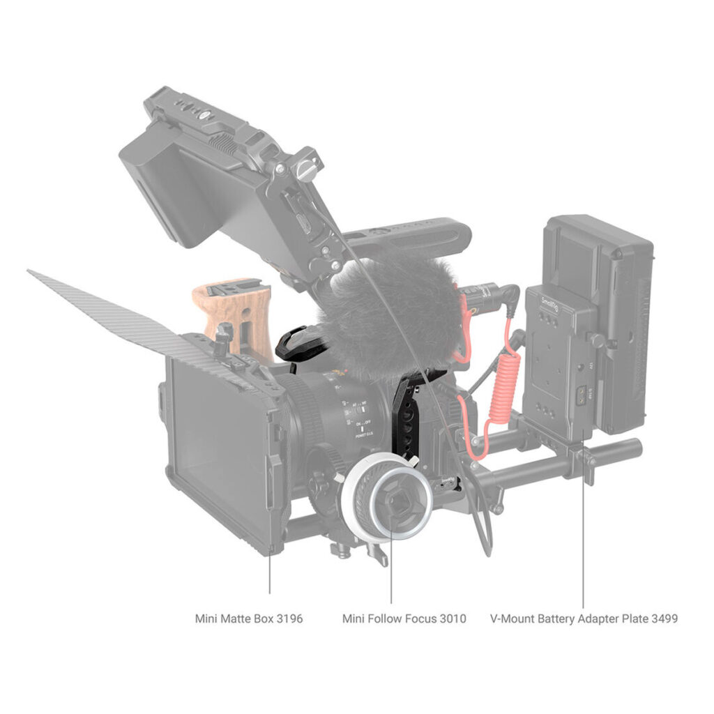 SmallRig-3440-5 SmallRig 3440 Black Mamba Cage Panasonic Lumix GH6:lle näkyy varustettuna lisävarusteilla: Mini Matte Box 3196, Mini Follow Focus 3010 ja V-Mount Battery Adapter Plate 3499 - merkityt kohteet ovat tarkennettuja, muut häivytettyjä.
