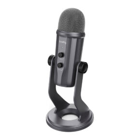 SmallRig-3465-1 The SmallRig 3465 Forevala U50 USB microphone is a black and silver microphone with a mesh grille, adjustable stand, two control knobs and a front panel mute button.