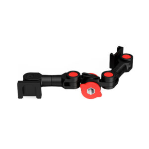 SmallRig-3483-2 SmallRig 3483 Simorr Dual Cold Shoe Extension Bar on musta, säädettävä kiinnitysvarsi, jossa on punaiset korostukset ja keskeinen metallinen kierrereikä lisävarusteiden tai laitteiden kiinnittämistä varten.