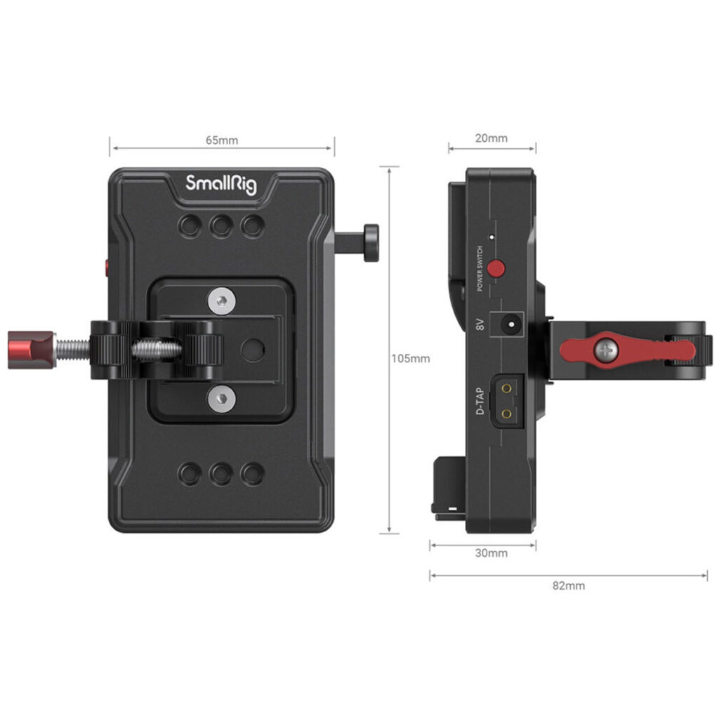SmallRig-3497-3 SmallRig 3497 V-Mount-akkusovitinlevy Super Clamp Mount -kiinnikkeellä kuvattuna edestä ja sivulta, mitat merkittyinä: leveys 65 mm, korkeus 105 mm, sivupaksuudet 20 mm ja 30 mm, sivujen kokonaispituus 82 mm.