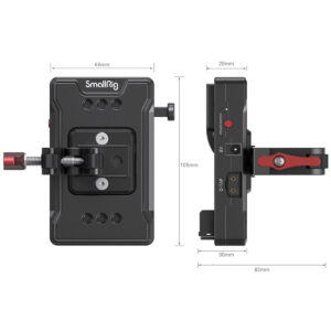 SmallRig-3497-3 SmallRig 3497 V-Mount-akkusovitinlevy Super Clamp Mount -kiinnikkeellä kuvattuna edestä ja sivulta, mitat merkittyinä: leveys 65 mm, korkeus 105 mm, sivupaksuudet 20 mm ja 30 mm, sivujen kokonaispituus 82 mm.