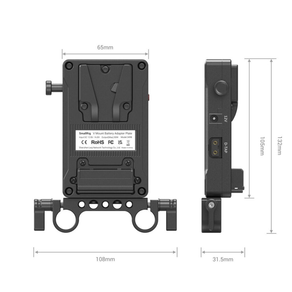SmallRig-3498-3 SmallRig 3498 V-Mount Battery Adapter Plate with Dual Rod Clamp on esitetty edestä ja sivulta, ja sen mitat ovat 132 mm korkea, 108 mm leveä (liittimillä), 65 mm leveä (runko) ja 31,5 mm syvä.
