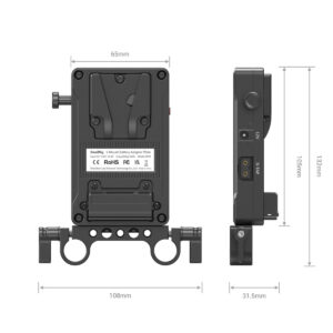 SmallRig-3498-3 SmallRig 3498 V-Mount Battery Adapter Plate with Dual Rod Clamp on esitetty edestä ja sivulta, ja sen mitat ovat 132 mm korkea, 108 mm leveä (liittimillä), 65 mm leveä (runko) ja 31,5 mm syvä.