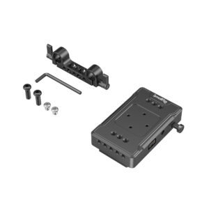 SmallRig-3498-6 SmallRig 3498 V-Mount Battery Adapter Plate with Dual Rod Clamp, ruuvit, aluslevyt ja kuusiokoloavain on järjestetty siististi valkoiselle taustalle.