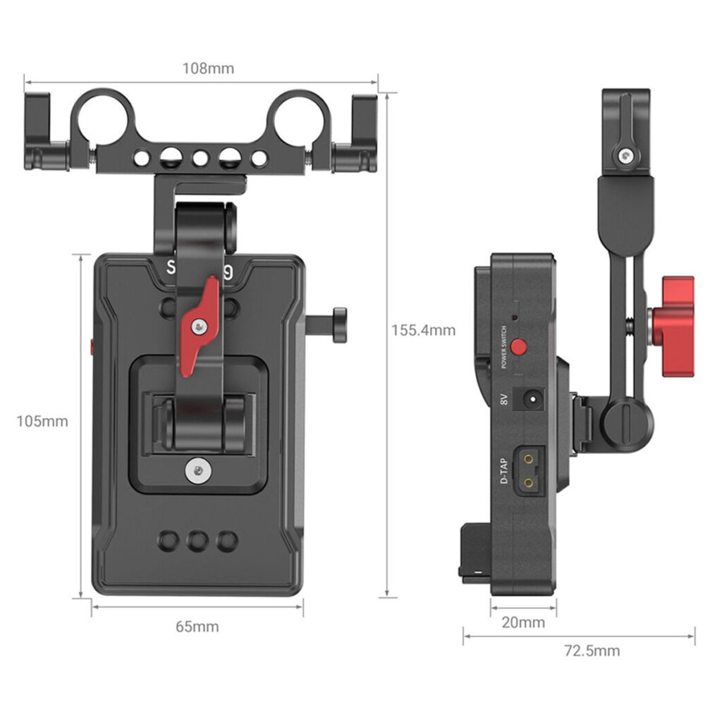 SmallRig-3499-3 SmallRig 3499 V-Mount Battery Adapter Plate -levyn (musta/punainen) tekninen kaaviokuva ja mitat: 108mm leveys, 105mm korkeus, 65mm pituus (etukuva) ja 155,4mm korkeus, 20mm syvyys, 72,5mm leveys (sivukuva).