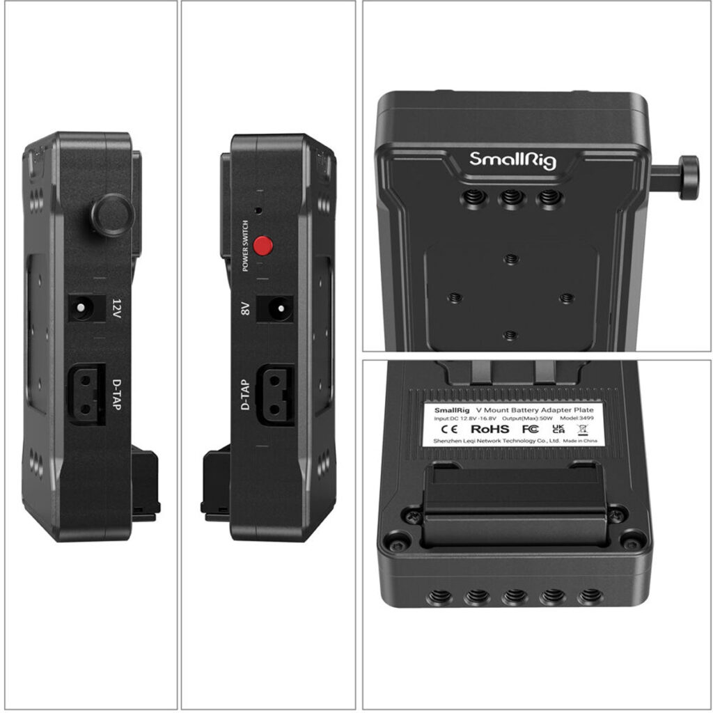 SmallRig-3499-4 Musta SmallRig 3499 V-Mount Battery Adapter Plate with Dual Rod Clamp and Extension Arm -levyn etu-, sivu-, taka- ja etikettikuva, jossa näkyvät eri portit ja kytkimet.