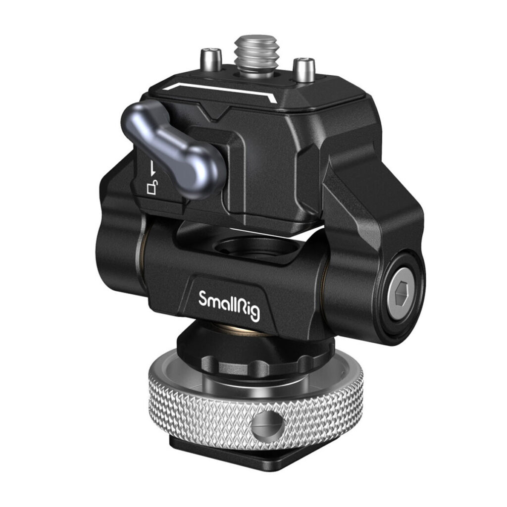 SmallRig-3514-1 Lähikuva SmallRig 3514 Drop-In Hawklock Mini Quick Release Monitor Mount with Cold Shoe -monitorikiinnikkeestä, jossa näkyy metallinen pikakiinnike, kuvioitu nuppi, säätövipu ja kierreruuvi kameroiden tai lisävarusteiden kiinnittämistä varten.