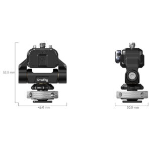 SmallRig-3514-3 SmallRig 3514 Drop-In Hawklock Mini -pikakiinnitysmonitorikiinnike, jossa on kylmä kenkä, on esitetty mustana ja hopeisena etu- (52,0 mm korkea, 46,0 mm leveä) ja sivukuvassa (30,0 mm leveä), ja siinä on merkitty mitat.
