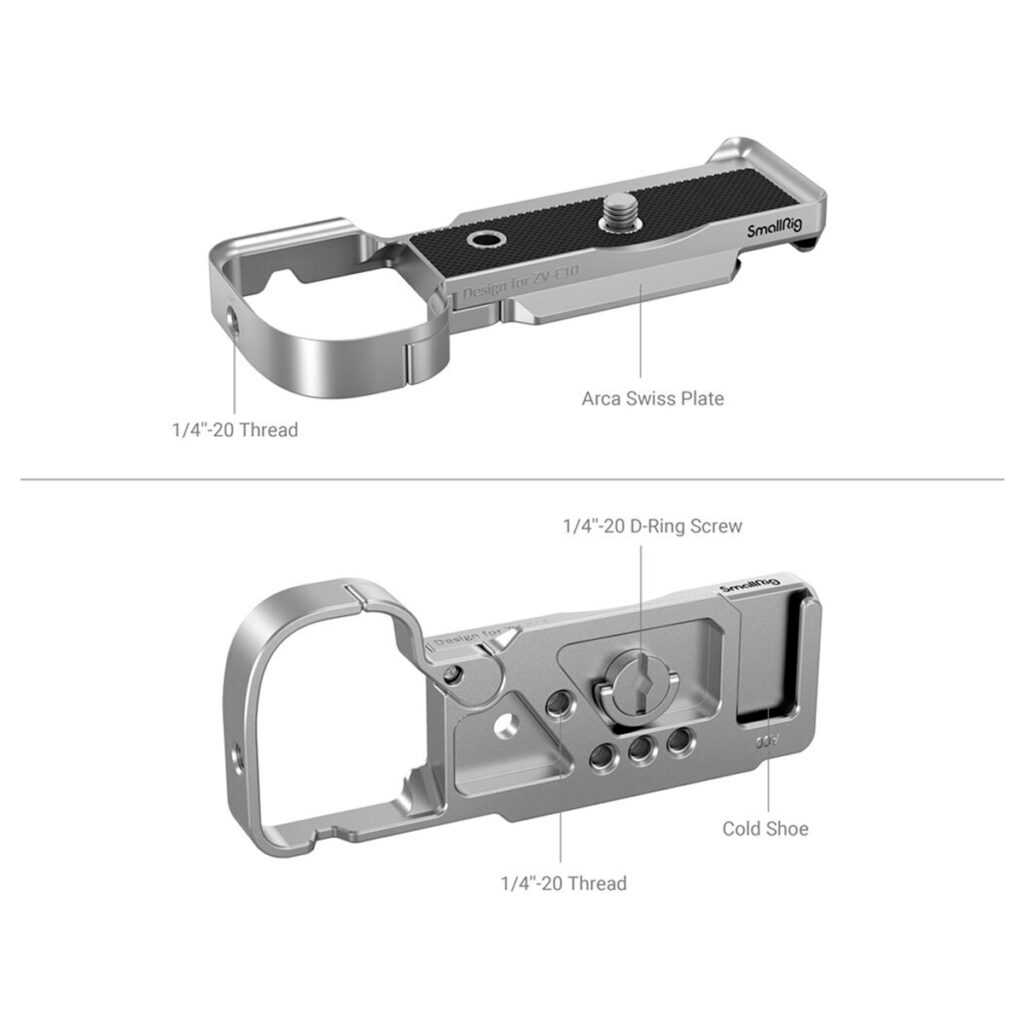 SmallRig-3524-3 SmallRig 3524 Extension Grip for Sony ZV-E10 Silver -laajennuskahva Sony ZV-E10 Silver sisältää merkittyjä osia, kuten Arca Swiss -levyn, 1/4-20-kierteen, D-rengasruuvin ja kylmäkengän; ylä- ja alareunan näkymät näkyvät.