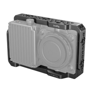SmallRig-3532-1 SmallRig 3532 Cage for Freefly Wave in black metal, mounted on a semi-transparent camera body with lens mount, mounting holes, dials and textured handle details.