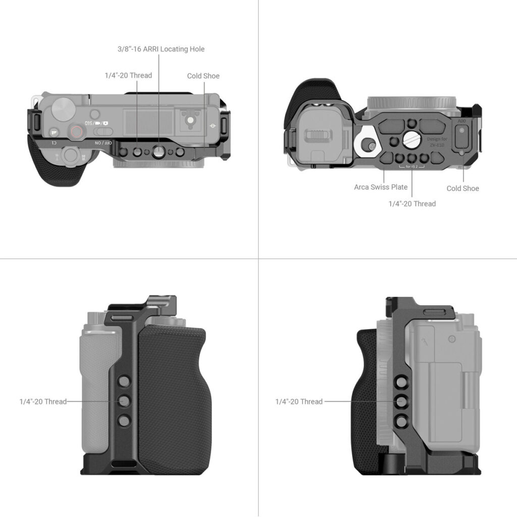 SmallRig-3538-3 Ylä-, sivu- ja takanäkymät SmallRig 3538 Cage with Grip for Sony ZV-E10 -kameran häkistä, jossa näkyvät 1/4-20- ja 3/8-16-kierteiden, kylmäkenkäkiinnikkeiden ja sisäänrakennetun Arca Swiss -levyn merkityt paikat.