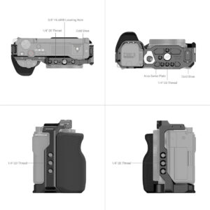 SmallRig-3538-3 Ylä-, sivu- ja takanäkymät SmallRig 3538 Cage with Grip for Sony ZV-E10 -kameran häkistä, jossa näkyvät 1/4-20- ja 3/8-16-kierteiden, kylmäkenkäkiinnikkeiden ja sisäänrakennetun Arca Swiss -levyn merkityt paikat.