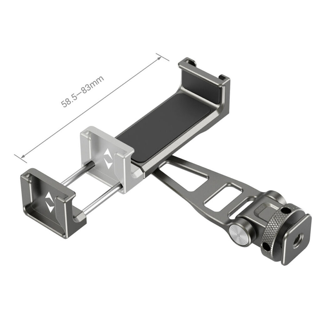 SmallRig 3559 -monitoimisessa metallisessa yleismallisessa älypuhelimen pidikkeessä on säädettävä kiinnitin leveydelle 58,5-83 mm ja pohjan kiinnitysruuvi laitteisiin kiinnittämistä varten.