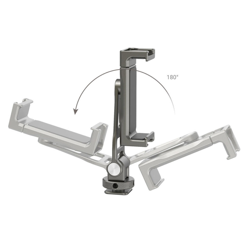 SmallRig 3559 -monitoimisessa metallisessa yleismallisessa älypuhelimen pidikkeessä on säädettävä varsi, joka kääntyy 180 astetta, kuten kuvassa näkyy nuolilla, jotka osoittavat sen liikkeen eri asennoissa.