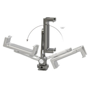 SmallRig 3559 -monitoimisessa metallisessa yleismallisessa älypuhelimen pidikkeessä on säädettävä varsi, joka kääntyy 180 astetta, kuten kuvassa näkyy nuolilla, jotka osoittavat sen liikkeen eri asennoissa.