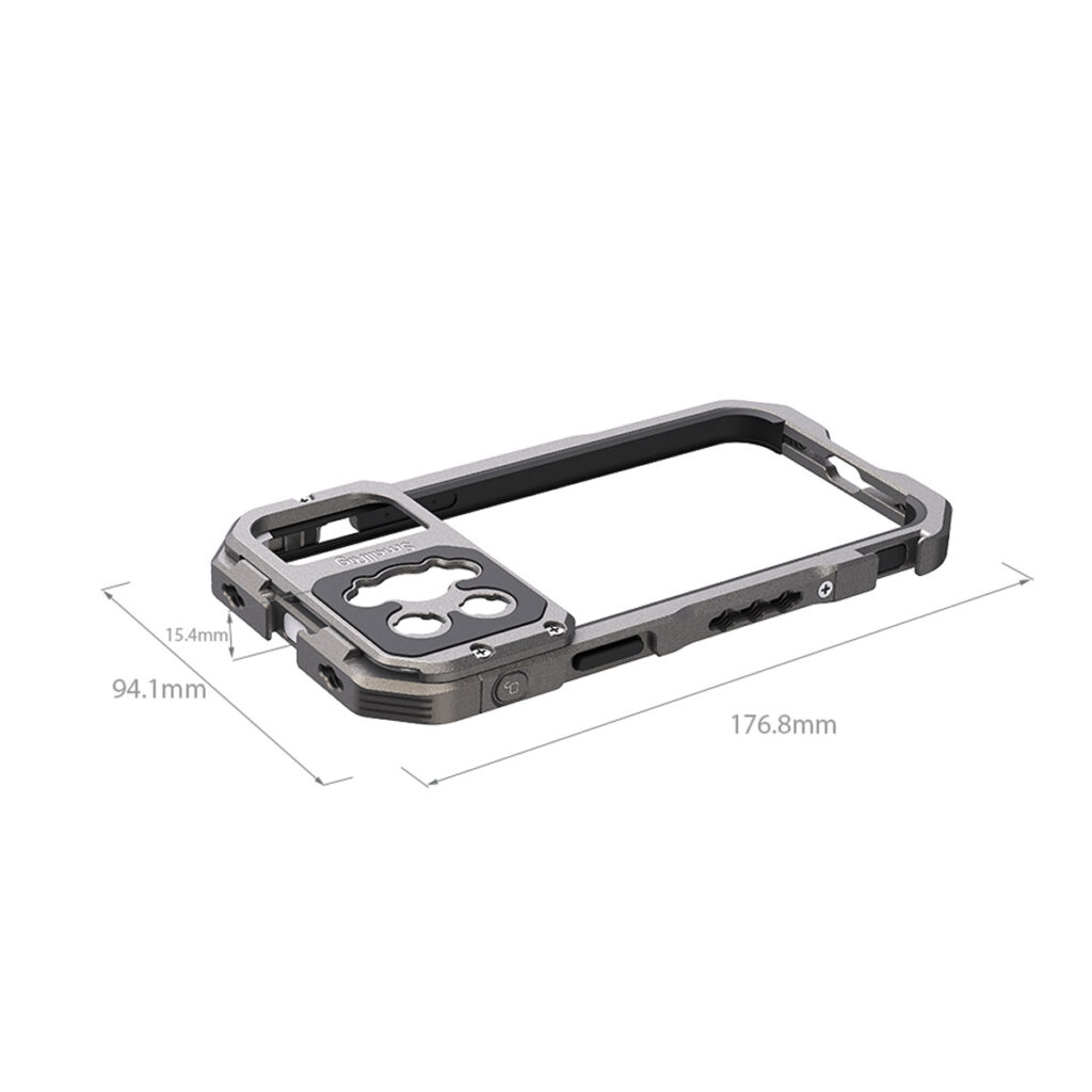 SmallRig-3561-4 SmallRig 3561 Mobile Video Cage for iPhone 13 Pro Max on metallikehys, jossa on kameran linssin aukot ja jossa on merkitty mitat: 154,4 mm leveä, 94,1 mm korkea ja 176,8 mm pitkä.