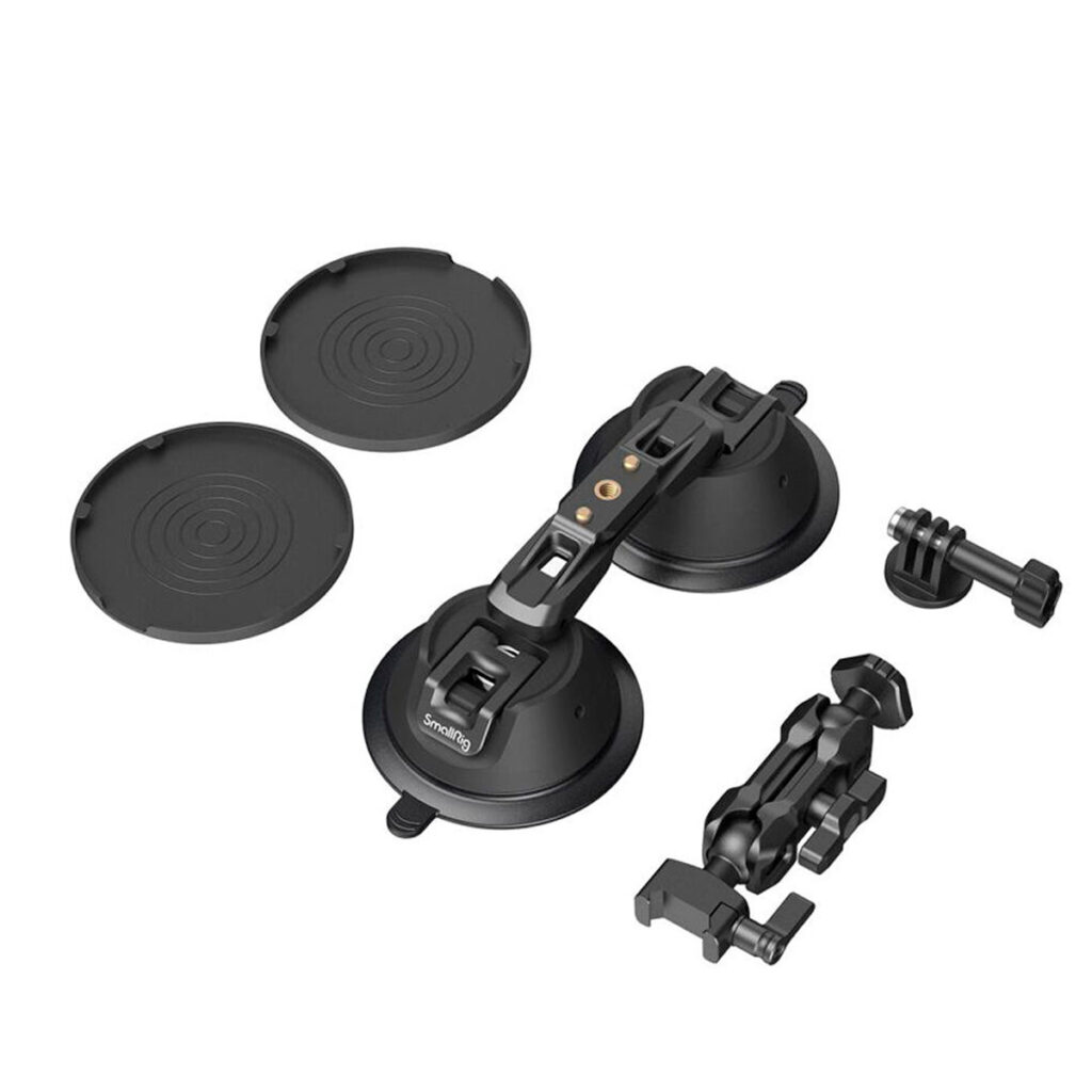 SmallRig-3566-2 SmallRig 3566 Portable Dual Suction Cup with Camera Mount SC-2K sisältää kaksi mustaa imupohjaa, kaksi pyöreää kantta, kiinnitysvarren ja ruuvikiinnikkeen, jotka kaikki näkyvät valkoisella pohjalla.
