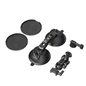 SmallRig-3566-2 SmallRig 3566 Portable Dual Suction Cup with Camera Mount SC-2K sisältää kaksi mustaa imupohjaa, kaksi pyöreää kantta, kiinnitysvarren ja ruuvikiinnikkeen, jotka kaikki näkyvät valkoisella pohjalla.