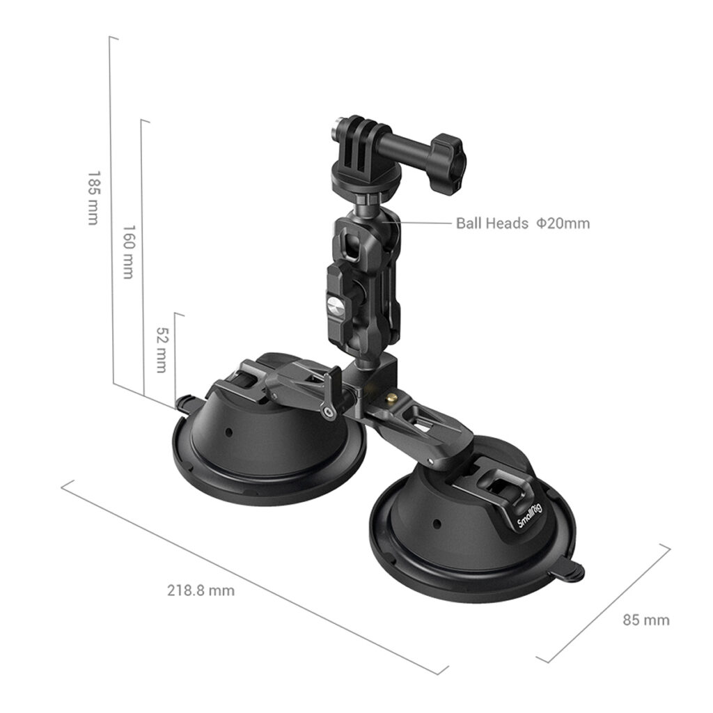 SmallRig-3566-3 SmallRig 3566 Portable Dual Suction Cup with Camera Mount SC-2K sisältää säädettävät 20 mm:n kuulapäitä, sen leveys on 218,8 mm, korkeus 186 mm ja syvyys 85 mm. Sen varressa on 52mm ja 160mm segmentit joustavaa asemointia varten.