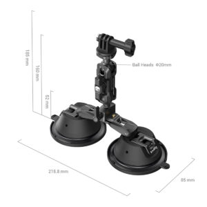 SmallRig-3566-3 SmallRig 3566 Portable Dual Suction Cup with Camera Mount SC-2K sisältää säädettävät 20 mm:n kuulapäitä, sen leveys on 218,8 mm, korkeus 186 mm ja syvyys 85 mm. Sen varressa on 52mm ja 160mm segmentit joustavaa asemointia varten.