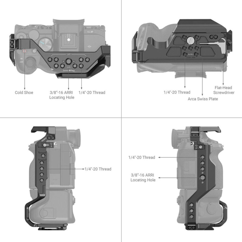 SmallRig-3594-4 Nelipaneelinen kaavio näyttää SmallRig 3594 Cage for Sony A7IV/A7SIII/A7RIV/A1 with VG-C4EM grip, ja siinä korostetaan ominaisuuksia, kuten kylmäkenkä, ARRI-paikannusreiät, 1/4-20 kierteet, Arca Swiss -levy ja litteäpäinen ruuvimeisseli.