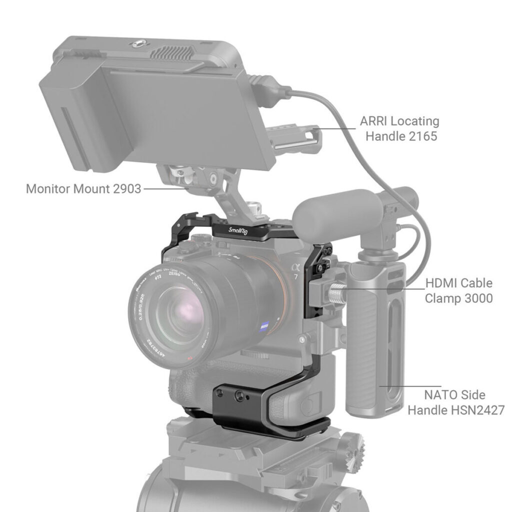 SmallRig-3594-5 SmallRig 3594 Cage for Sony A7IV/A7SIII/A7RIV/A1 with VG-C4EM Battery Grip on kuvassa kiinnitettynä monitorikiinnikkeellä 2903, ARRI Locating Handle 2165, HDMI-kaapelin kiinnikkeellä 3000 ja NATO-sivukahvalla HSN2427.