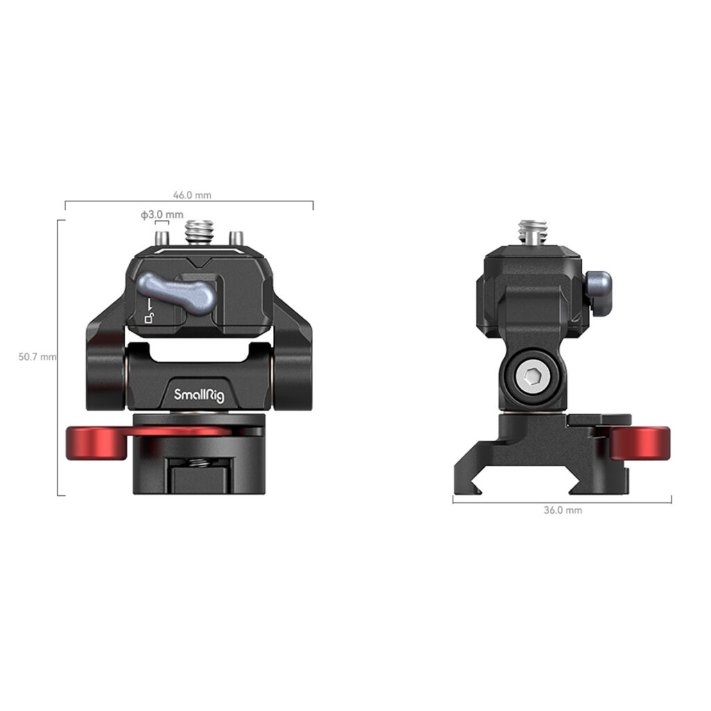 SmallRig-3601-2 Tekninen kaavio SmallRig 3601 Drop-in HawkLock Mini QR -monitoriasennuksesta NATO-kiinnikkeellä, jossa on etu- ja sivukuvat sekä merkityt mitat: 50,7 mm korkeus, 46 mm leveys, 36 mm syvyys ja 39 mm yläleveys; sisältää nupit ja kiinnitysruuvin.